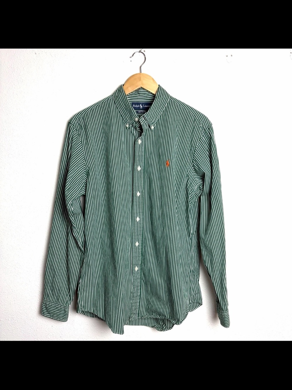Ralph Lauren Green Mens L White Striped Button-Down Shirt long sleeve collar